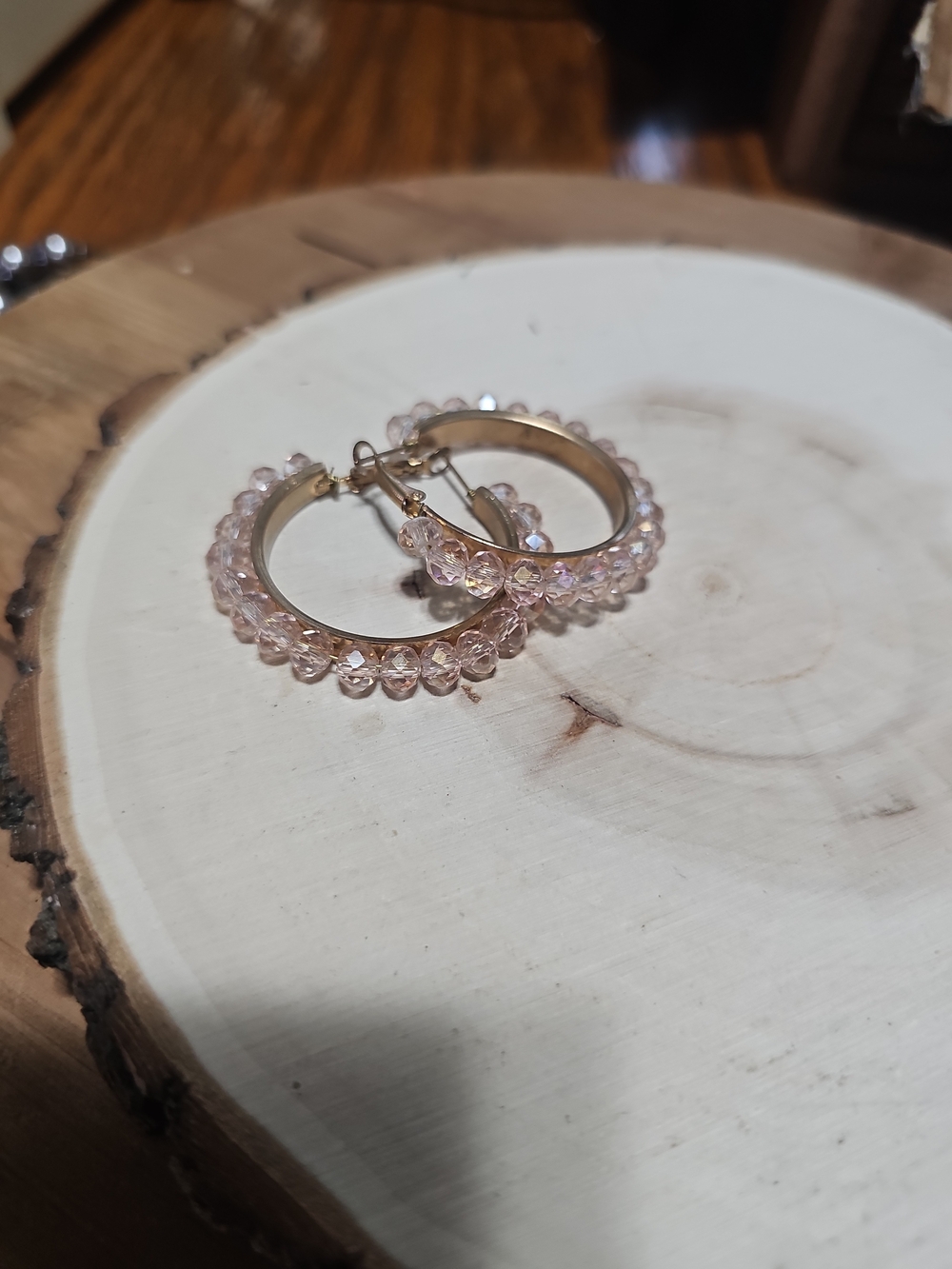 Gold Hoop Earrings with Light Pink Crystal Beads